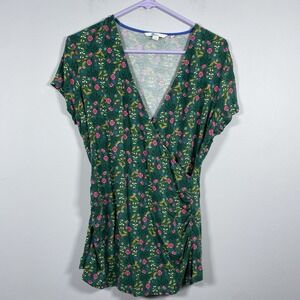Boden Women's US Sz 12 Faux Wrap Blouse Top Green Floral Short Sleeve Jersey‎